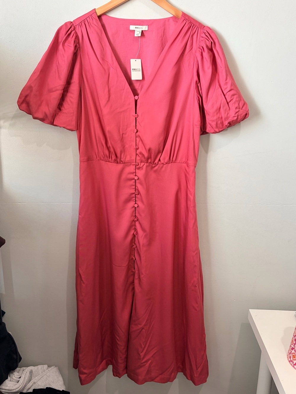 NWT RW&CO Dusty Rose Pink Short Puff Sleeve Midi Dress M Cottagecore Romantic